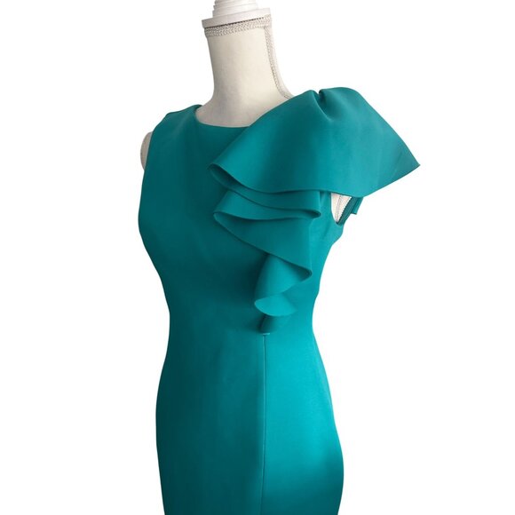 ELIZA J Aqua Teal Ruffle Shoulder Scuba Dress Size 4 - Picture 3 of 8
